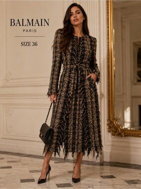 Balmain Black and Tan Tweed Belted Midi Dress